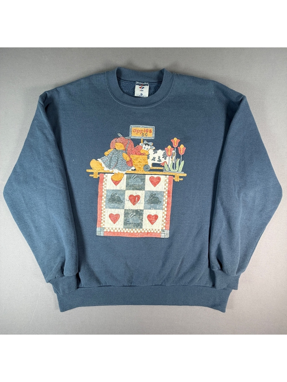 Vintage Jerzees XL Sweatshirt Blue Made USA Country Cottagecore Quilt Graphic